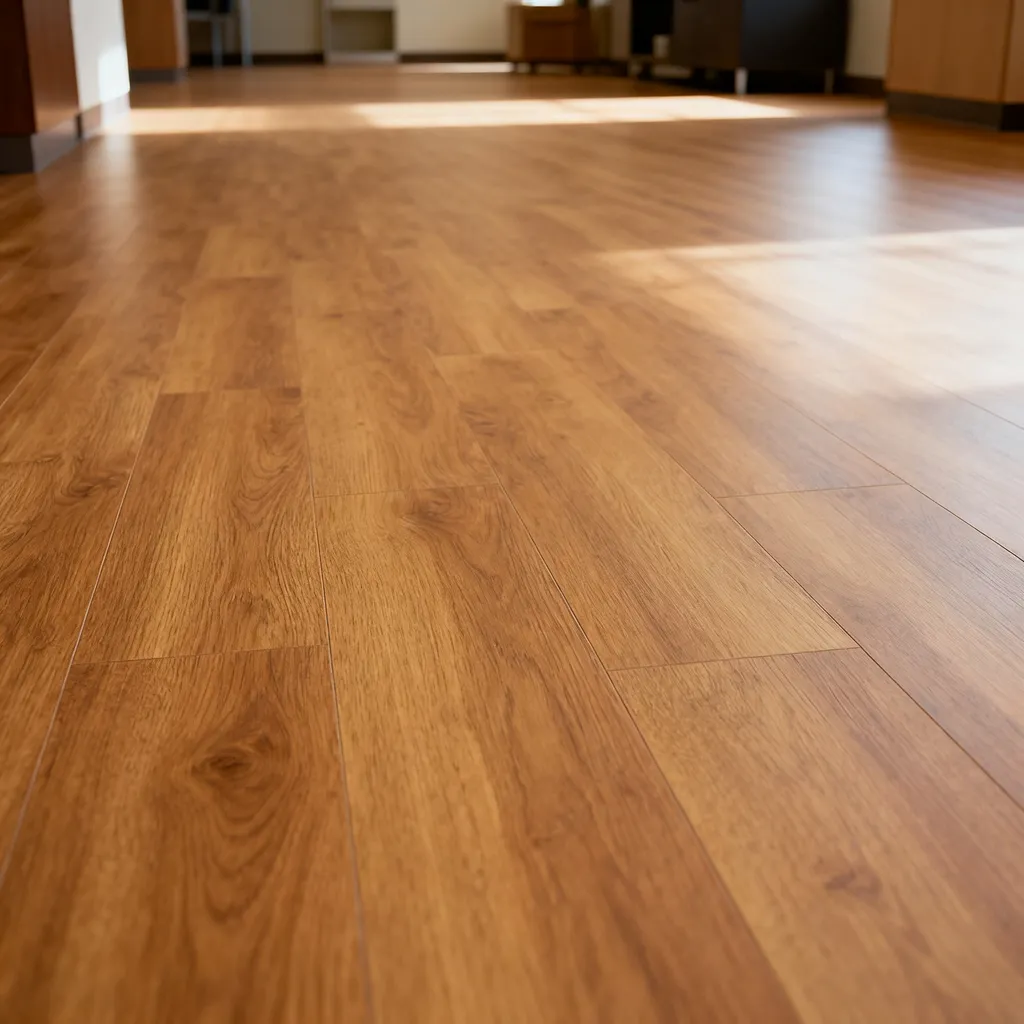 Warm honey-oak laminate flooring in a reception lobby
