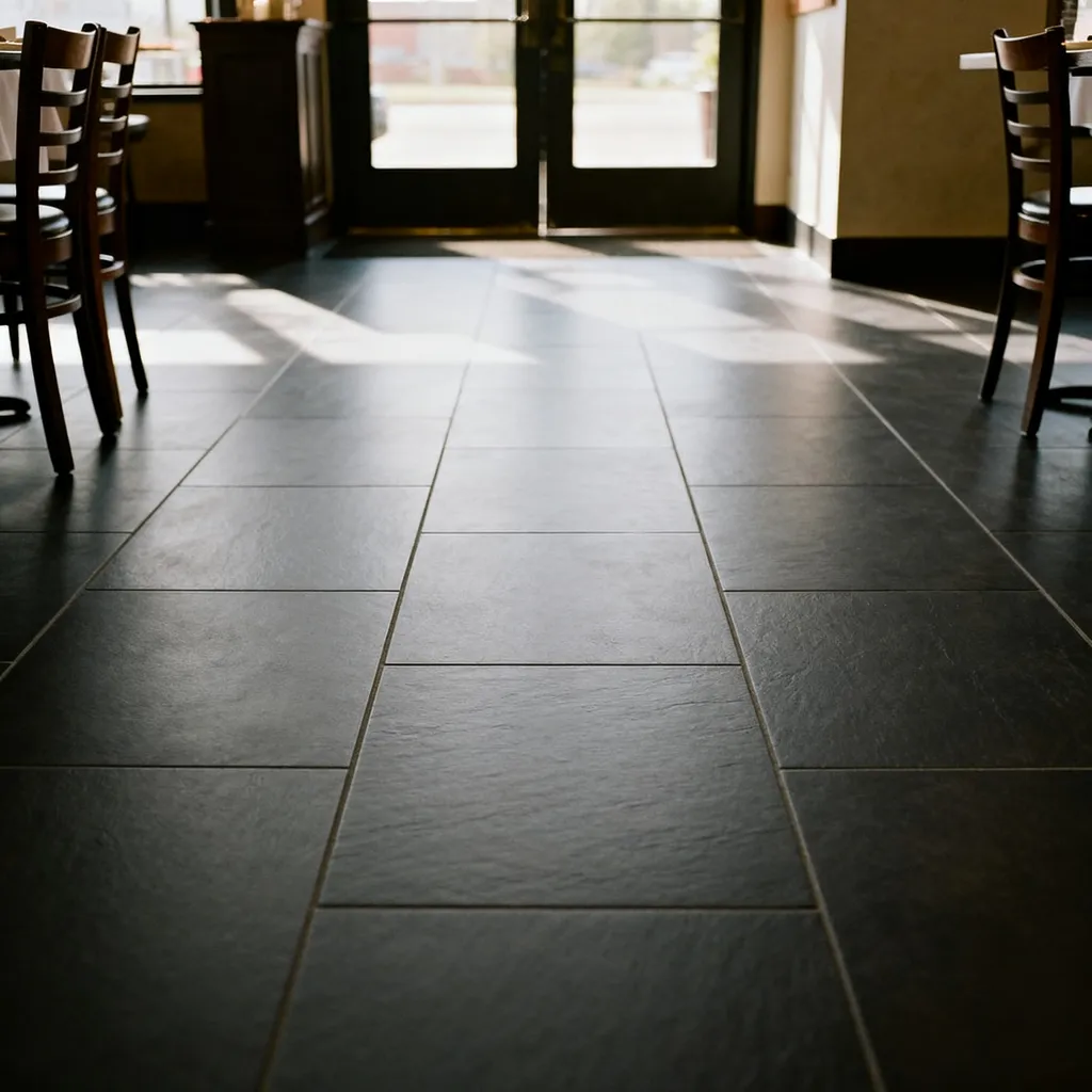 Dark charcoal porcelain tile in a restaurant entry