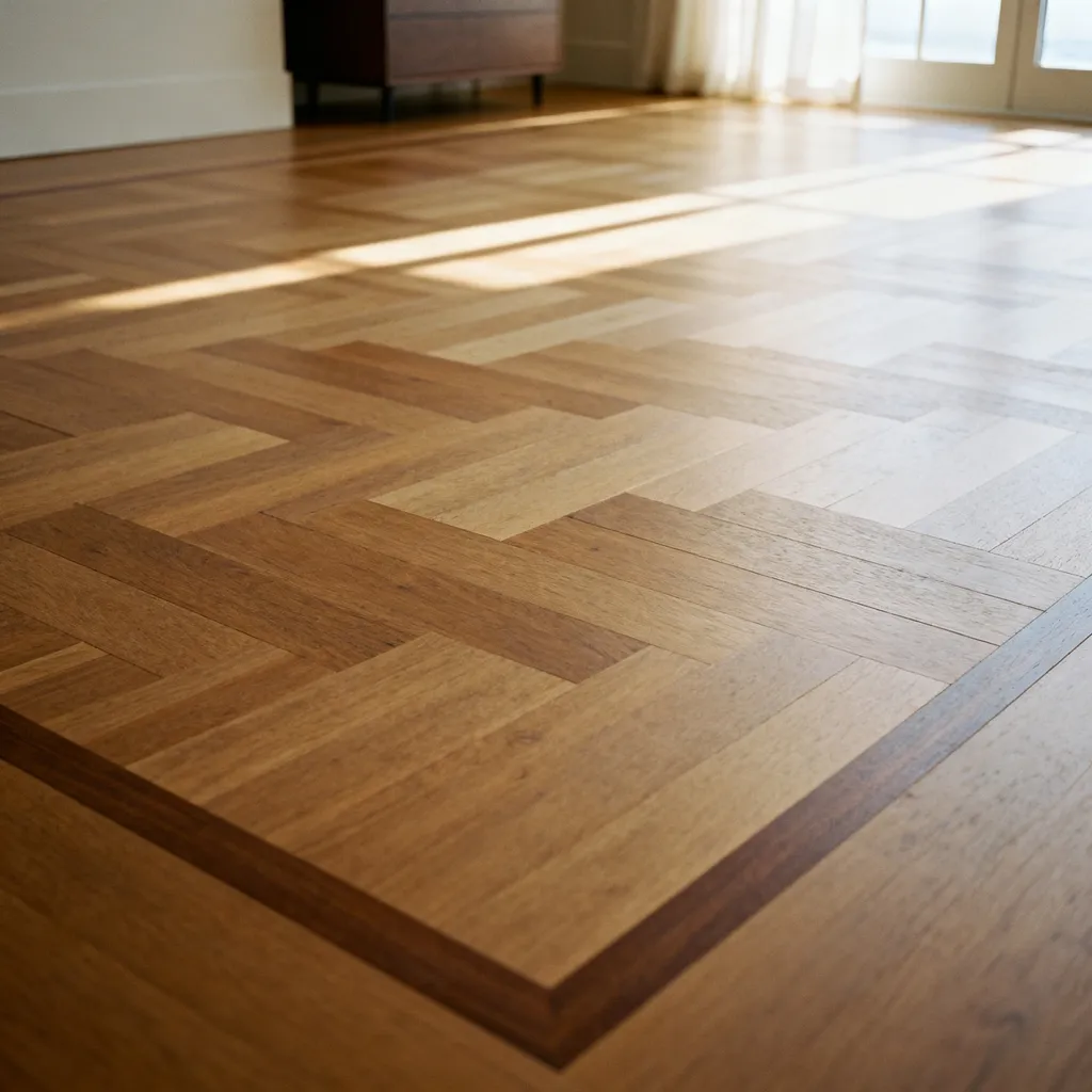 A custom-patterned warm oak floor with a bordered design