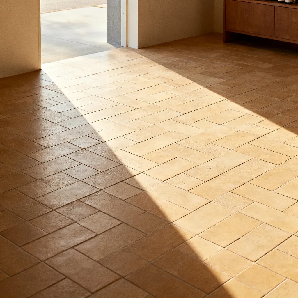 A custom-laid warm floor tile pattern