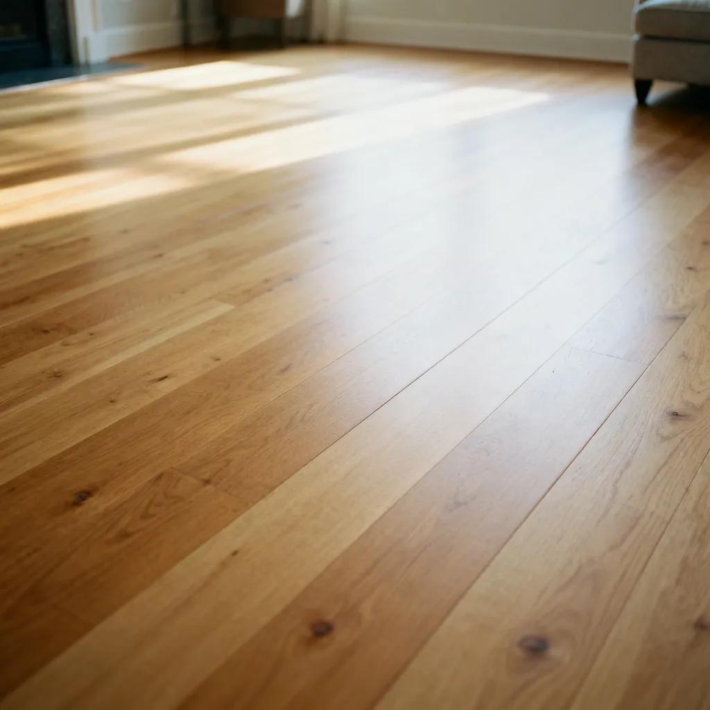 Warm solid white-oak plank flooring in a sunlit living room