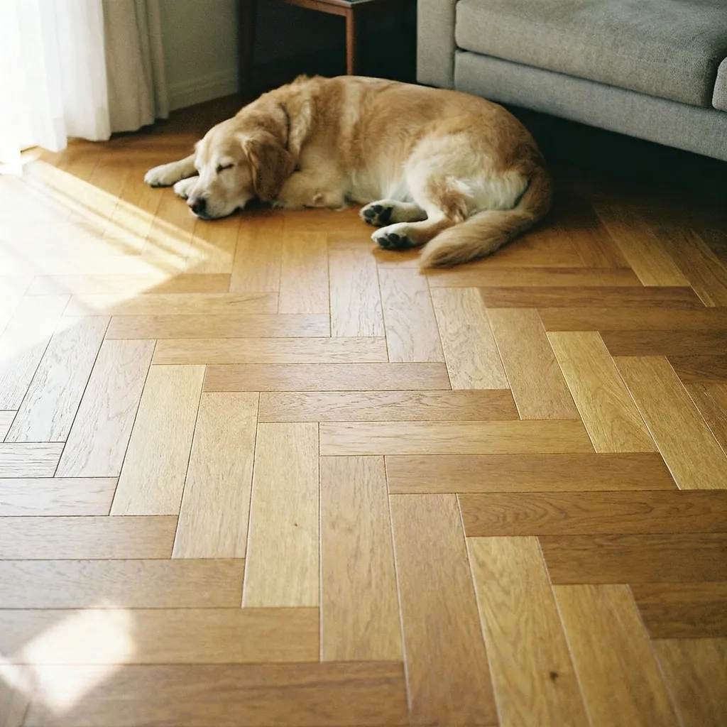 A dog resting on a warm wood-look laminate floor