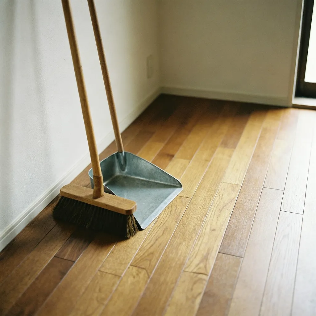 A broom and dustpan on a clean wood-look laminate floor