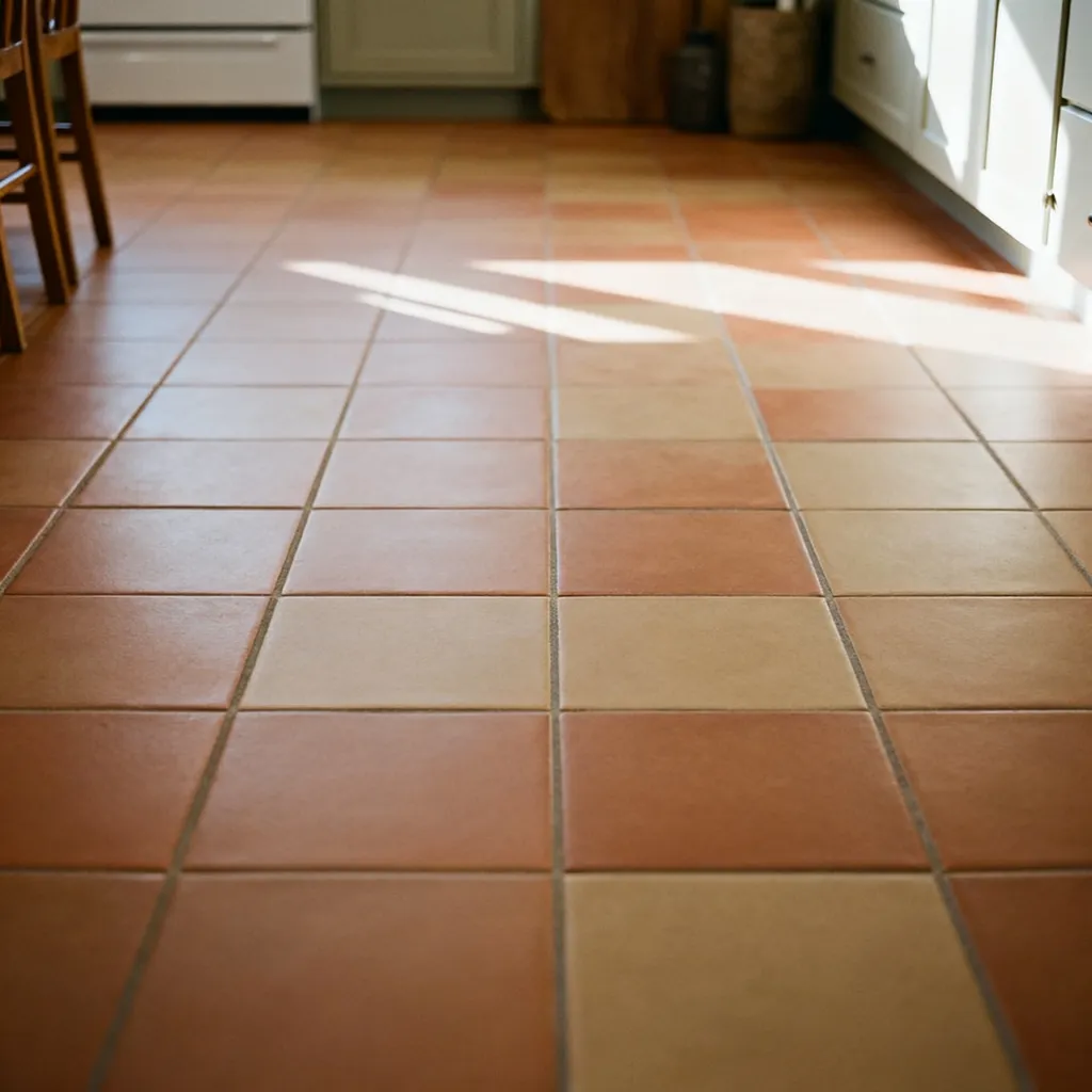 Warm terracotta tile floor in a sunlit kitchen