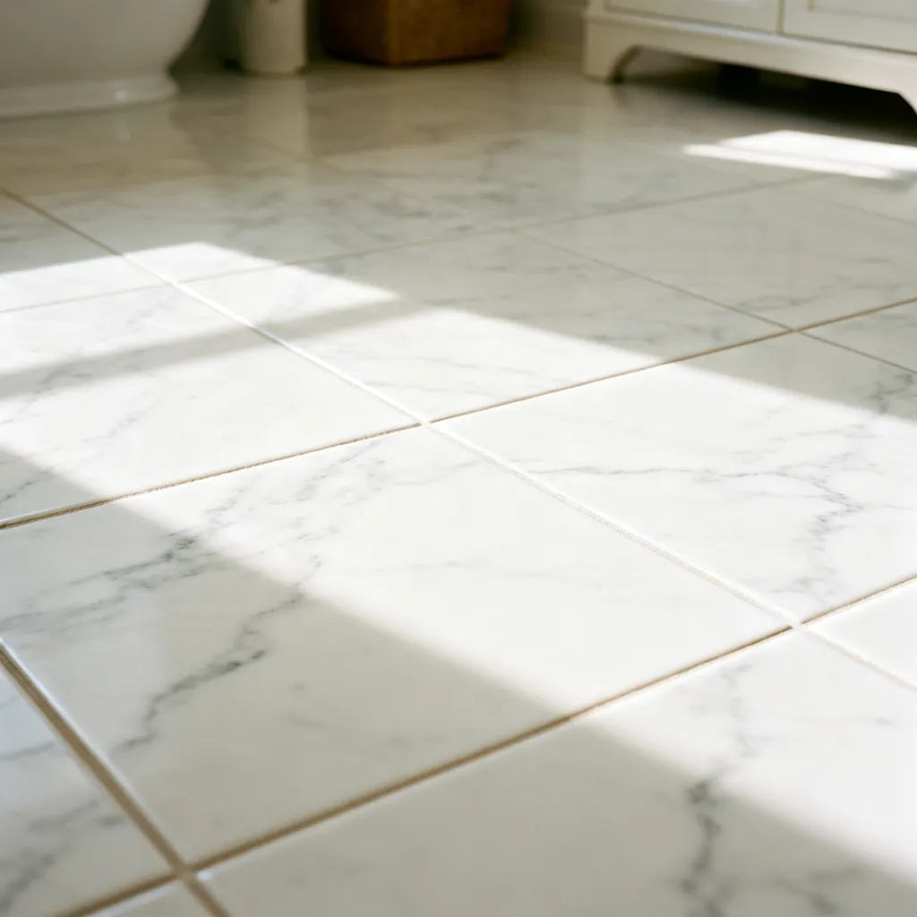White marble-look tile floor in a bright bathroom