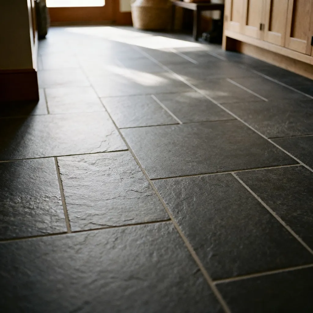 Charcoal slate stone-look tile floor in an entryway